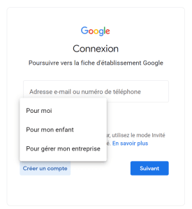 Page de connexion à la fiche d'établissement Google Business Profile